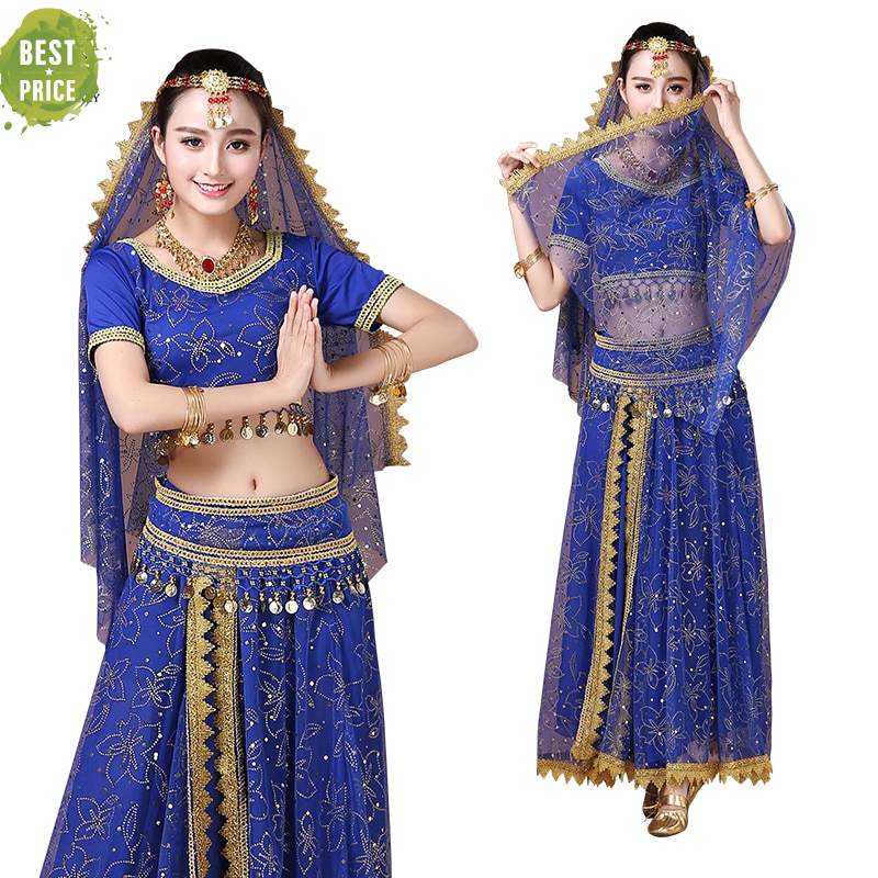 Bollywood danza del vientre traje de danza de la Sari de gasa 5 piezas (Diadema, velo, Top, cinturón, falda) - Bailongas