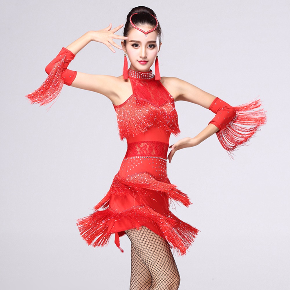 Increíble Vestido de competición de baile latino con flecos - Bailongas